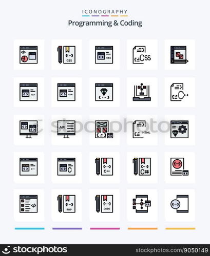 Creative Programming And Coding 25 Line FIlled icon pack  Such As development. coding. develop. file. develop