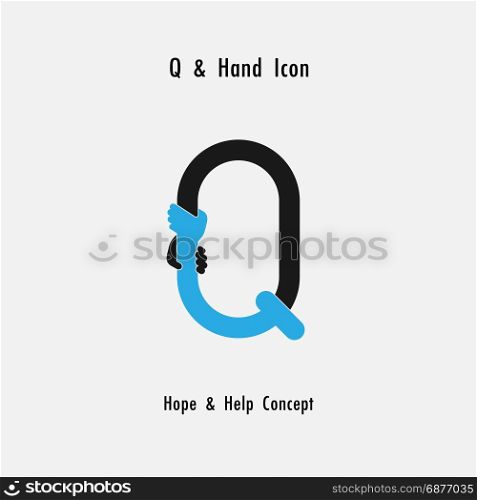 Creative Q- alphabet icon abstract and hands icon design vector template.Business offer,partnership,hope,support or help concept.Corporate business and industrial logotype symbol.Vector illustration