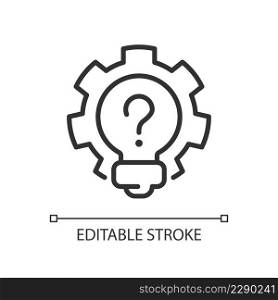 Creative question linear icon. Lightbulb and cogwheel. Invention and innovation idea. Thin line illustration. Contour symbol. Vector outline drawing. Editable stroke. Arial font used. Creative question linear icon