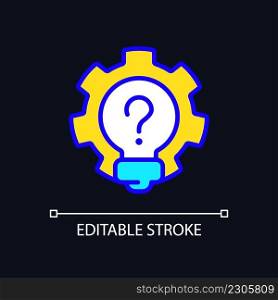 Creative question RGB color icon for dark theme. Lightbulb and gear. Invention and innovation idea. Simple filled line drawing on night mode background. Editable stroke. Arial font used. Creative question RGB color icon for dark theme