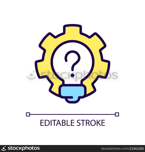 Creative question RGB color icon. Lightbulb and cogwheel. Invention work and innovation idea. Isolated vector illustration. Simple filled line drawing. Editable stroke. Arial font used. Creative question RGB color icon