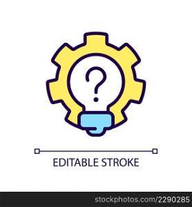 Creative question RGB color icon. Lightbulb and cogwheel. Invention work and innovation idea. Isolated vector illustration. Simple filled line drawing. Editable stroke. Arial font used. Creative question RGB color icon