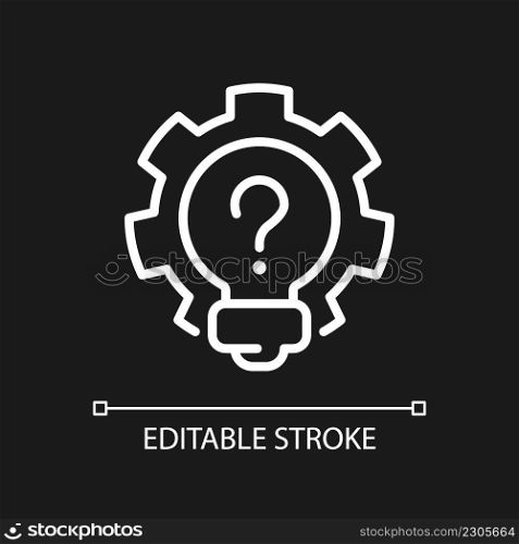 Creative question white linear icon for dark theme. Lightbulb and gear. Invention and innovation idea. Thin line illustration. Isolated symbol for night mode. Editable stroke. Arial font used. Creative question white linear icon for dark theme