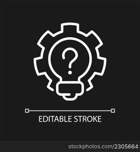 Creative question white linear icon for dark theme. Lightbulb and gear. Invention and innovation idea. Thin line illustration. Isolated symbol for night mode. Editable stroke. Arial font used. Creative question white linear icon for dark theme