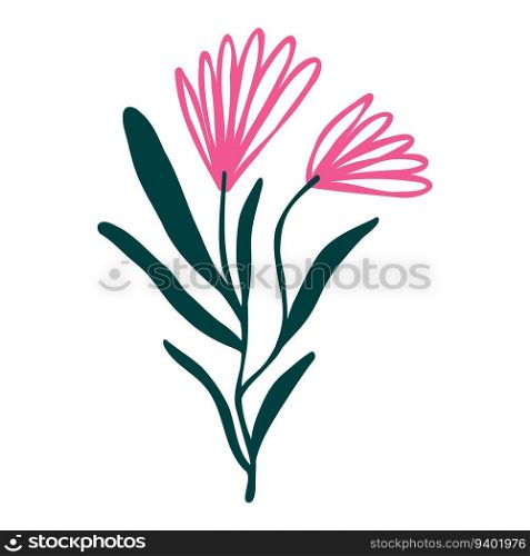 Creative quirky pink flowers, bright card with wildflowers in vibrant colors. Creative quirky flowers, bright card with wildflowers in vibrant colors