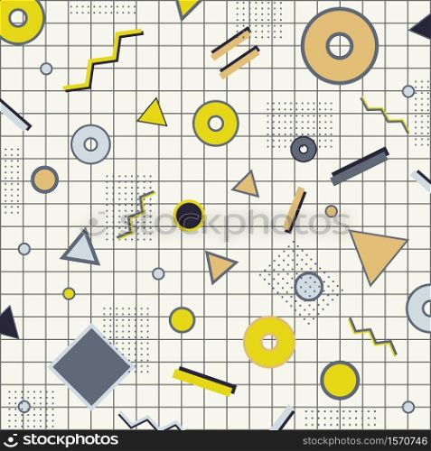 Creative rectangle frame border yellow, gray and black geometric circle, triangle, line on grid background memphis style. You can use for design cover brochure, poster, banner web, flyer, etc