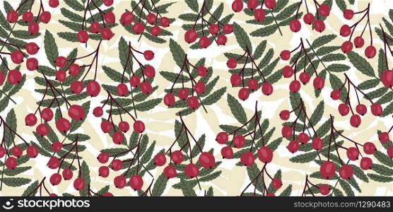 Creative red berry and branch seamless pattern. Autumn leaves floral wallpaper. Design for fabric, textile print, wrapping paper, fashion textiles, textures, cover. Botanical vector illustration. Creative red berry and branch seamless pattern. Autumn leaves floral wallpaper.