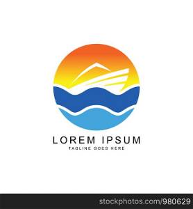Creative sailing Ship with sunset Concept Logo Design Template