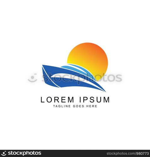 Creative sailing Ship with sunset Concept Logo Design Template
