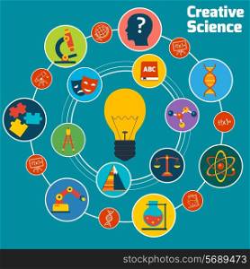Creative science concept with education areas colored icons set and lightbulb in the middle vector illustration
