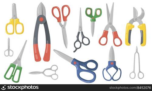Creative scissors, shears and secateurs flat item set. Cartoon cutting or trimming professional instruments isolated vector illustration collection. Craft and scissoring concept