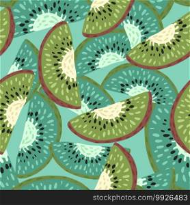 Creative seamless doodle pattern with green and blue colored kiwi slice shapes. Food backdrop. Designed for fabric design, textile print, wrapping, cover. Vector illustration.. Creative seamless doodle pattern with green and blue colored kiwi slice shapes. Food backdrop.