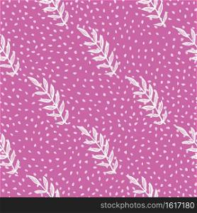 Creative seamless flora pattern with light vintage leaves branches silhouettes. Pink dotted background. Simple design. Great for fabric design, textile print, wrapping, cover. Vector illustration.. Creative seamless flora pattern with light vintage leaves branches silhouettes. Pink dotted background. Simple design.