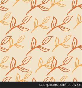 Creative seamless pattern with red and orange colored leaf branch print. Pastel backround. Outline shapes. Decorative backdrop for fabric design, textile print, wrapping, cover. Vector illustration.. Creative seamless pattern with red and orange colored leaf branch print. Pastel backround. Outline shapes.