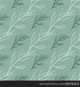Creative seamless pattern with white and green colored branches shapes ornament. Light blue background. Decorative backdrop for fabric design, textile print, wrapping, cover. Vector illustration.. Creative seamless pattern with white and green colored branches shapes ornament. Light blue background.