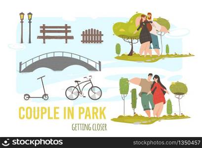 Creative Set Loving Couple Walking in City Park. Cut Out Elements and Characters for Creating Design Composition. People Playing Outdoors. Bridge, Scooter, Bicycle. Cartoon Flat Vector Illustration. Creative Set Loving Couple Walking in City Park.