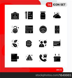 Creative Set of 16 Universal Glyph Icons isolated on White Background. Creative Black Icon vector background