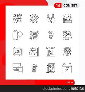 Creative Set of 16 Universal Outline Icons isolated on White Background.. Creative Black Icon vector background