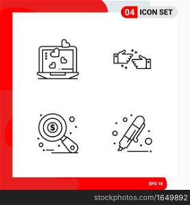 Creative Set of 4 Universal Outline Icons isolated on White Background.. Creative Black Icon vector background