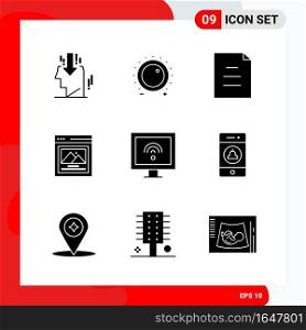 Creative Set of 9 Universal Glyph Icons isolated on White Background. Creative Black Icon vector background