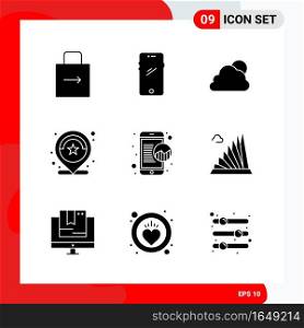 Creative Set of 9 Universal Glyph Icons isolated on White Background. Creative Black Icon vector background