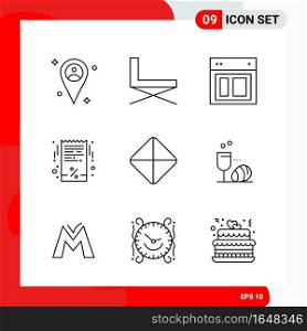 Creative Set of 9 Universal Outline Icons isolated on White Background.. Creative Black Icon vector background