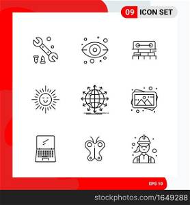 Creative Set of 9 Universal Outline Icons isolated on White Background.. Creative Black Icon vector background