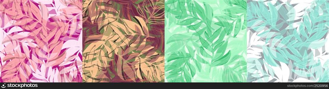 Creative set of jungle leaf seamless patterns. Tropical pattern, palm leaves seamless bundle. Exotic plant backdrop collection. Botanical floral background. Design for fabric, textile, wrapping, cover. Creative set of jungle leaf seamless patterns. Tropical pattern, palm leaves seamless bundle. Exotic plant backdrop collection. Botanical floral background.