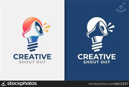 Creative Shout Out Logo Design with Abstract Light bulb and Megaphone Symbol Combination Concept.