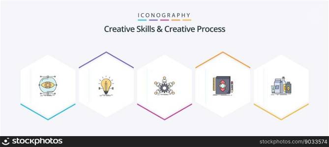 Creative Skills And Creative Process 25 FilledLine icon pack including identity. design. light. teamwork. leadership