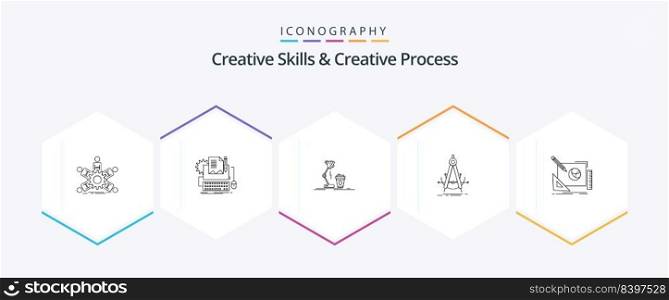 Creative Skills And Creative Process 25 Line icon pack including geometry. precision. paper. flash. coffee