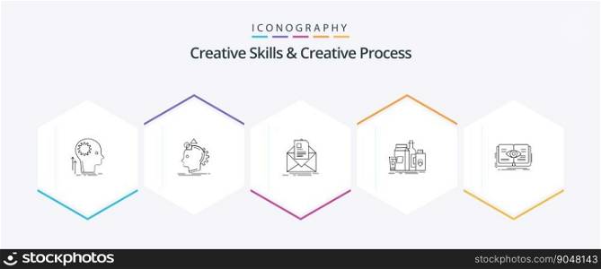 Creative Skills And Creative Process 25 Line icon pack including marketing. packaging. idea. briefing. letter