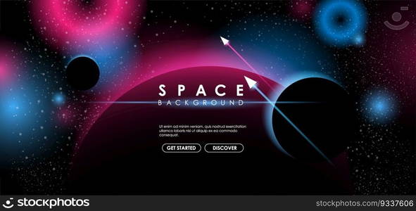 Creative space background with abstract shape and planets. Colorful space poster with text template. Vector infinite Galaxy background.