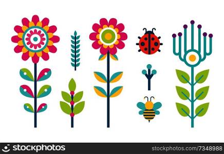 Creative spring or summer flowers blooming buds made of simple shapes, flying bee and grass elements, hearts and ladybug florets vector set isolated. Creative Spring or Summer Flowers Blooming Bud Set
