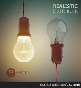 Creative square background with two light bulbs turned on and off hanging on wires on gradient background vector illustration