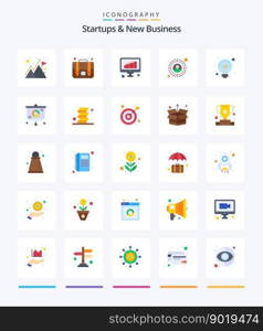 Creative Startups And New Business 25 Flat icon pack  Such As analysis. business idea. business. bulb. target