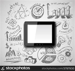Creative tablet pc idea with business hand drawn symbols. Vector illustration
