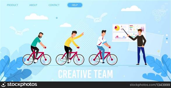 Creative Team Business Landing Page. Office Staff Riding Bicycles Forward to Leader Standing by Whiteboard with Analytical Data. Cooperation and Leadership Metaphor Homepage. Vector Flat Illustration. Creative Team and Leadership Business Landing Page