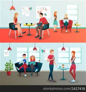 Creative team coworking people gradient flat compositions with doodle style human characters and indoor office environment vector illustration. Creative Coworking Interior Composition
