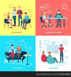Creative team coworking people gradient flat design concept with human characters working process symbols and pictograms vector illustration. Coworking Flat Design Concept