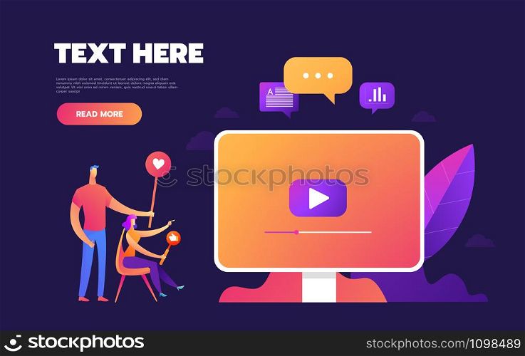Creative team - flat design style illustration. A composition with office managers or businessmen working on a project, Big monitor with video sign.. Creative team - flat design style illustration. A composition with office managers or businessmen working on a project, Big monitor with video sign