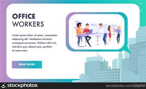 Creative Team Working on Business Project inside of Speech Bubble on Skyscrapers View Background. Horizontal Banner, Gradient Frame, Office Workers Inscription, Copy Space. Flat Vector Illustration.. Creative Team Working on Business Project Banner