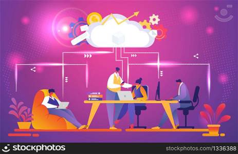 Creative Team Working Using Cloud System. File Storage Technology, Sharing, Remote Workers, Network Industry People Sharing Work Files. Cloud Improvement to Transfer. Cartoon Flat Vector Illustration.. Creative Business Team Working Using Cloud System.