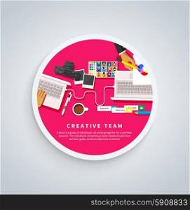 Creative team. Young design team working at desk in creative office flat design style. Can be used for web banners, marketing and promotional materials, presentation templates