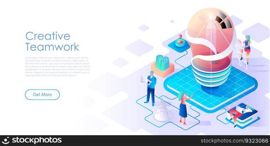 Creative teamwork isometric landing page vector template. Start up development website homepage interface layout illustration layout. Innovative ideas generation web banner isometry concept. Creative teamwork isometric landing page vector template