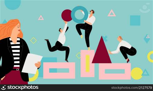 Creative teamwork. People collect geometric forms, creators teamwork. Leadership, girl watch at employees. Leader of startup or group job vector metaphor. People collect geometric forms