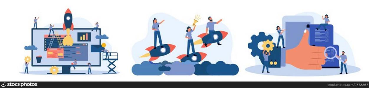 Creative teamwork vector business office illustration. Man and woman with data desk and rocket. Finance analysis collaboration group person. Internet technology work team. Solution company