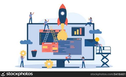 Creative teamwork vector business PC computer office illustration. Man and woman with data desk and rocket. Finance analysis collaboration group person. Internet technology work team. Solution company