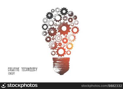 Creative technology concept. Hand drawn electric bulb with gear wheels as symbol of creative idea. Production of ideas isolated vector illustration.. Creative technology concept. Hand drawn isolated vector.
