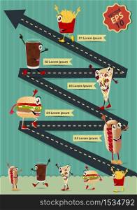 Creative Template with fast food funny cartoon character concept. Road going up as an arrow, vector illustration design